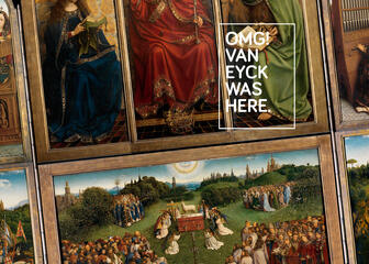 reclamebanner voor het Lam Gods met details van het grote schilderij van de gebroeders Van Eyck